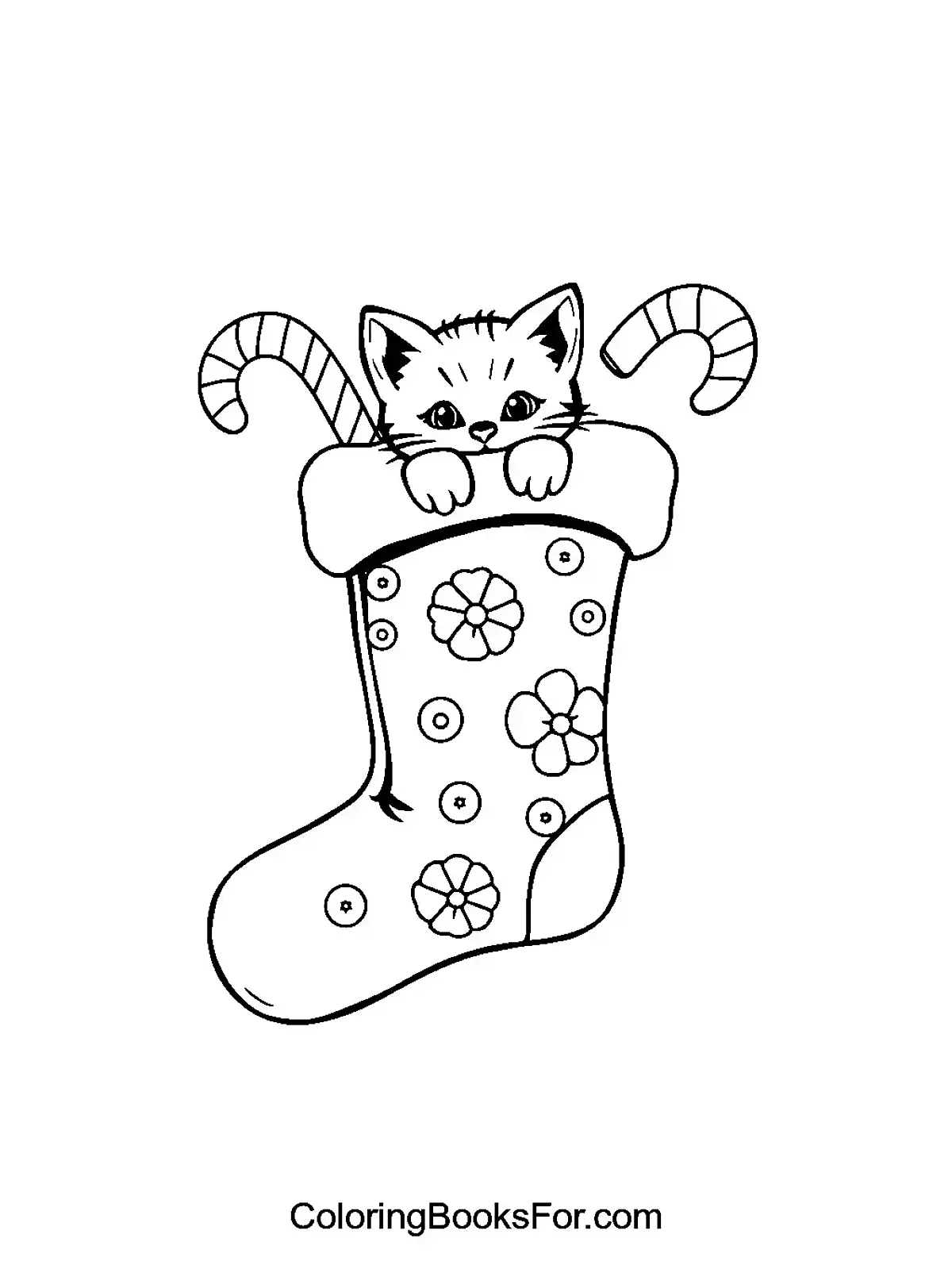 Adorable Kitten in a Christmas Stocking Coloring Page - A cute kitten peeking out of a decorated Christmas stocking with candy canes.