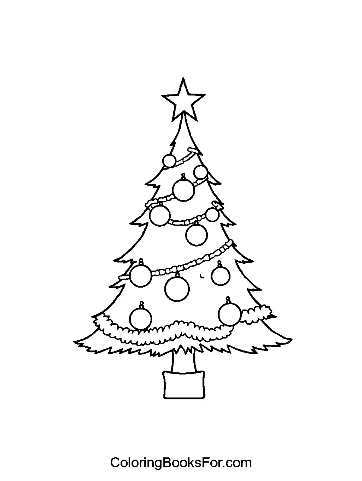 Beautifully Decorated Christmas Tree Coloring Page - A classic Christmas tree adorned with ornaments, garlands, and topped with a star.