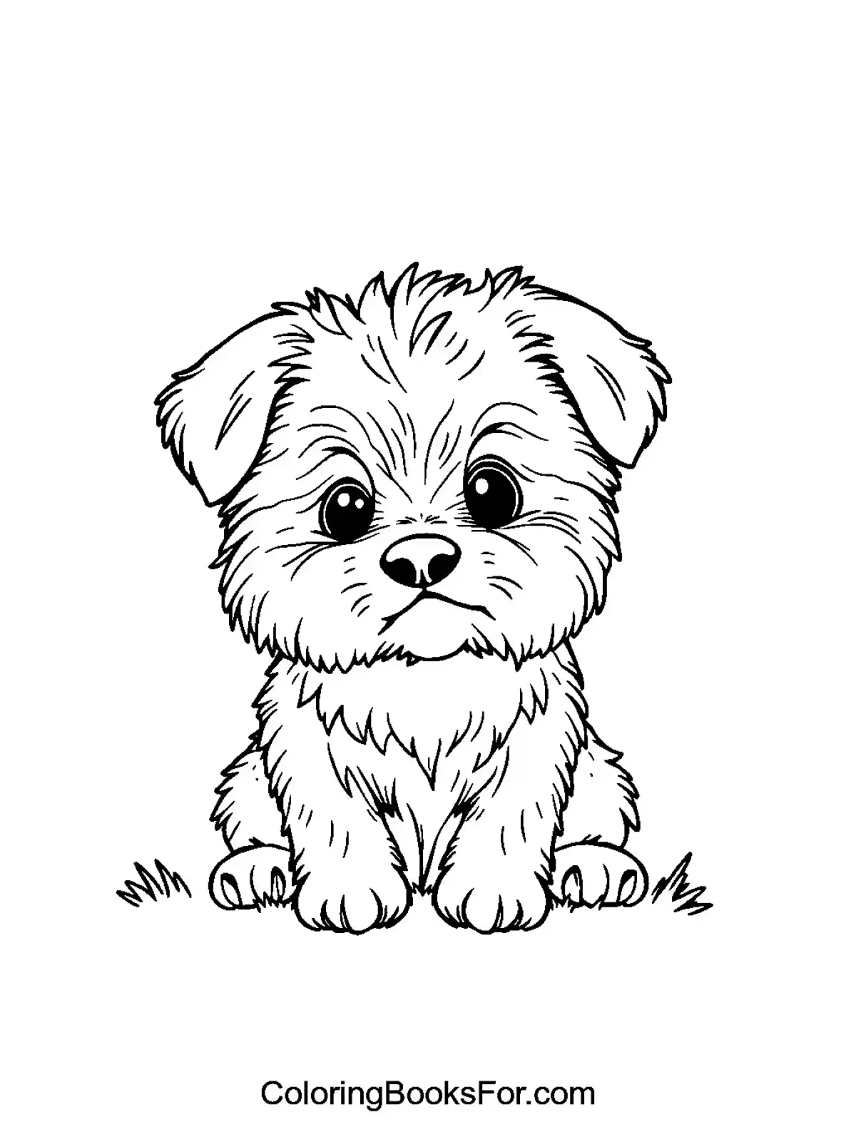 Adorable Puppy Coloring Page - A charming and fluffy puppy sitting on the grass, perfect for coloring.