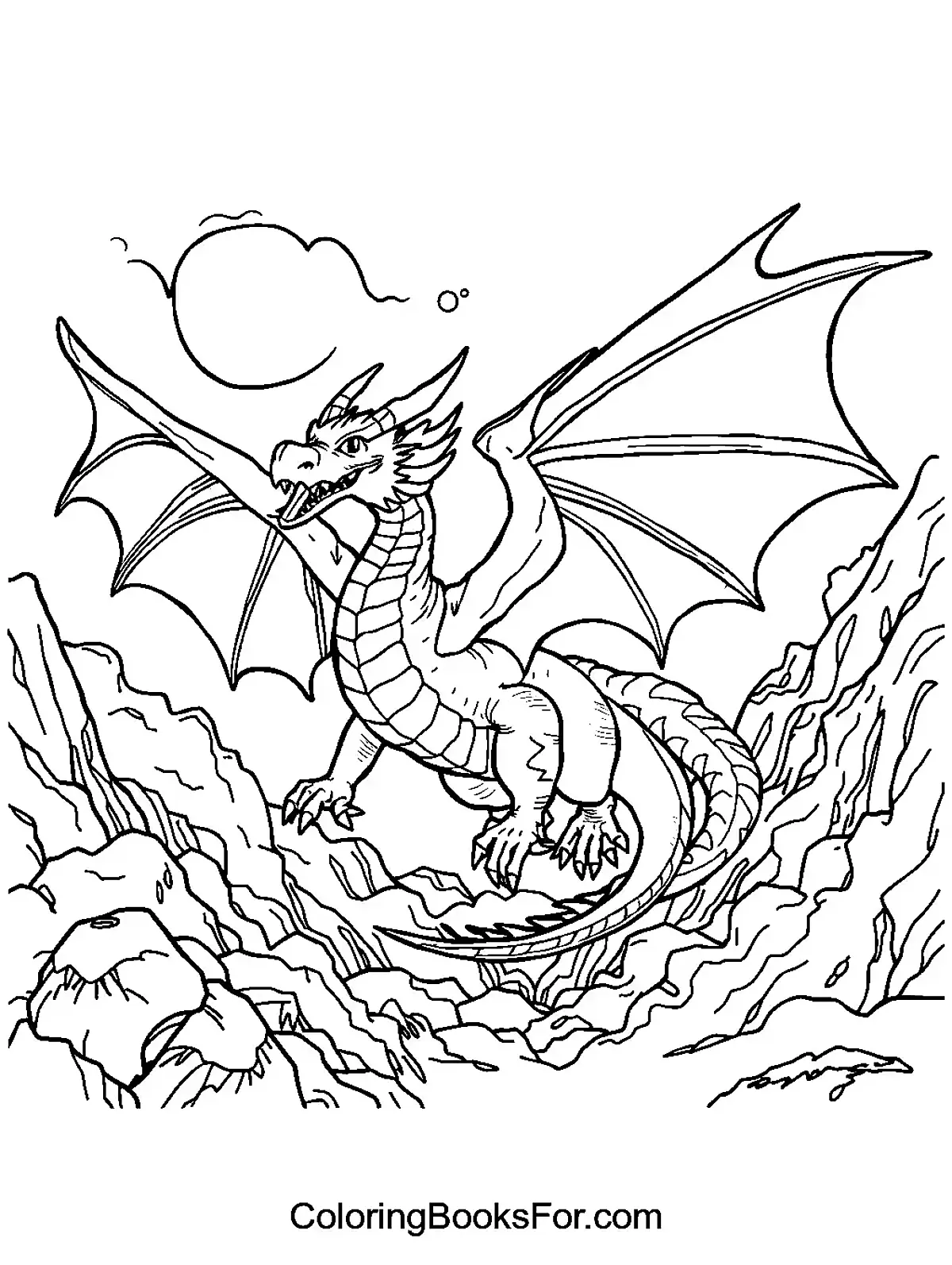 Majestic Dragon on a Mountaintop Coloring Page - A majestic dragon perched atop a rocky mountain, its wings spread wide.