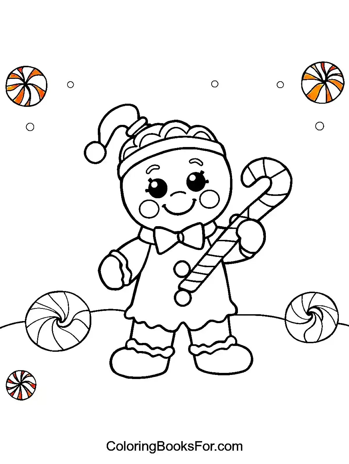 Adorable Gingerbread Man with Candy Cane Coloring Page - A cute gingerbread man wearing a hat and holding a candy cane, surrounded by colorful candies.