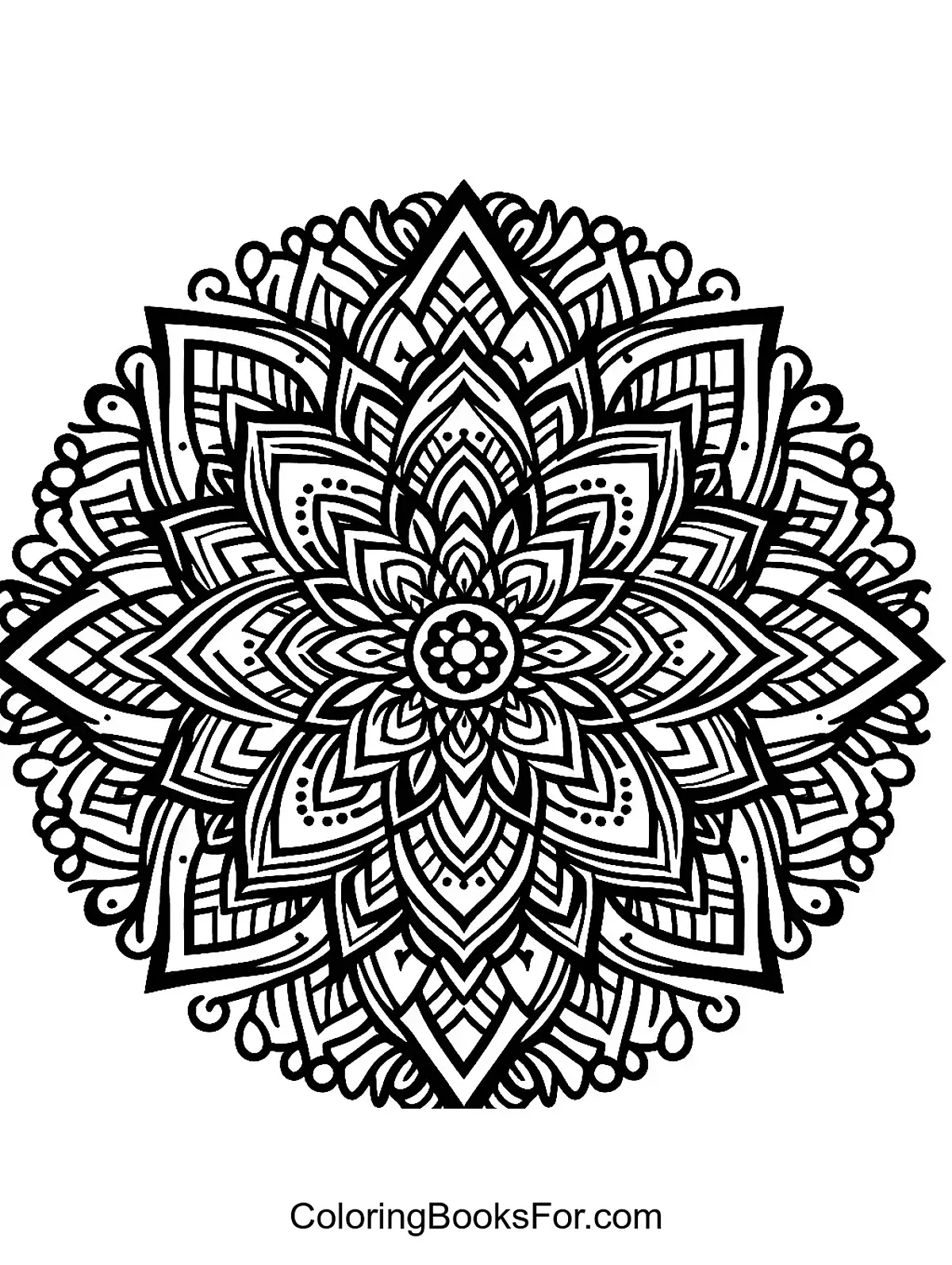 Mandala Coloring Page - A complex and detailed mandala design featuring intricate floral patterns and geometric shapes.