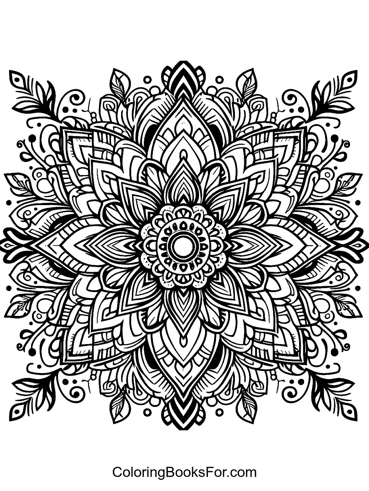 Floral Coloring Page For Girls - A complex and detailed mandala design featuring intricate floral patterns and geometric shapes.