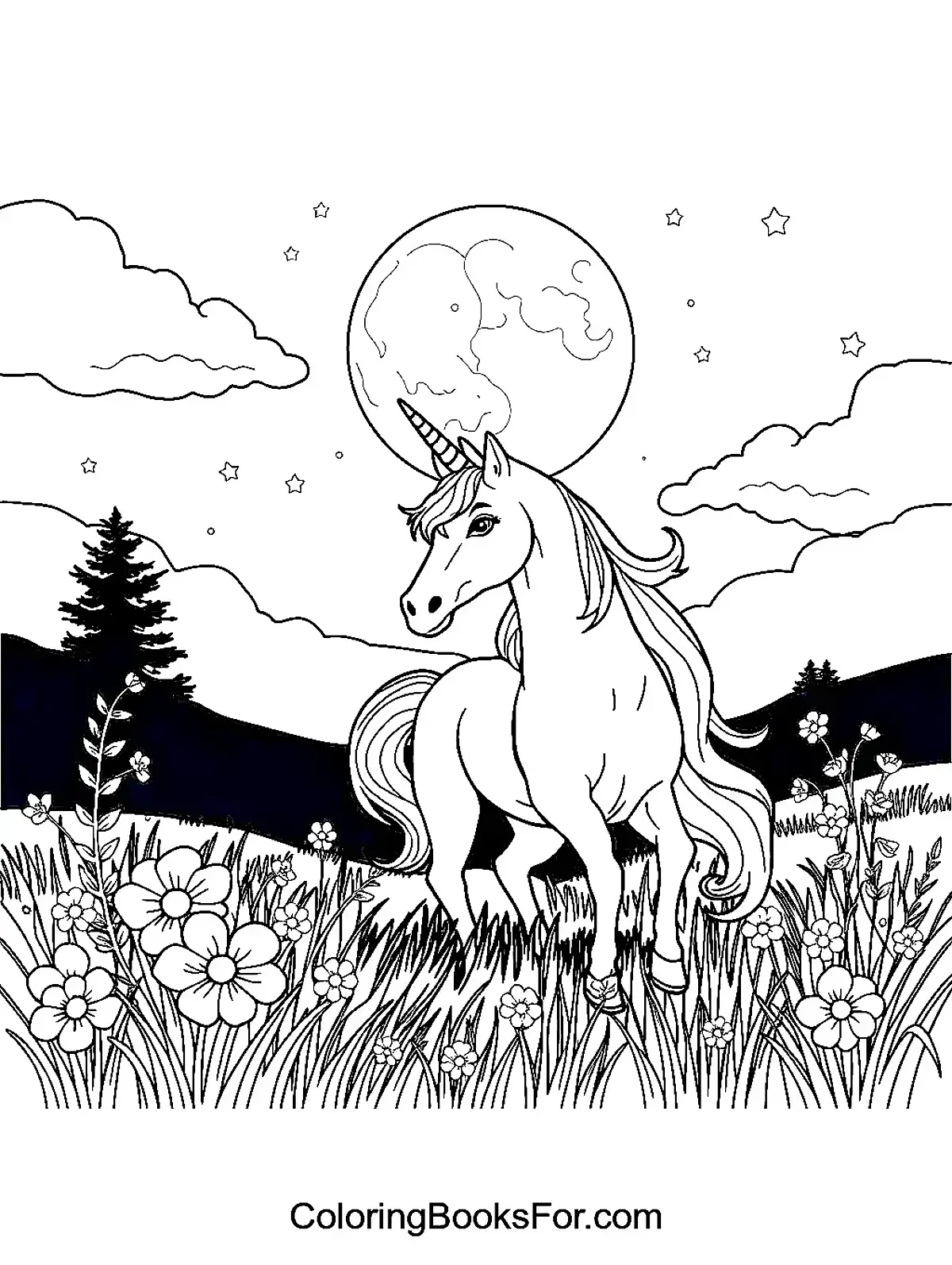 Mystical Unicorn in a Moonlit Meadow Coloring Page - A majestic unicorn standing in a moonlit meadow, surrounded by magical flora.