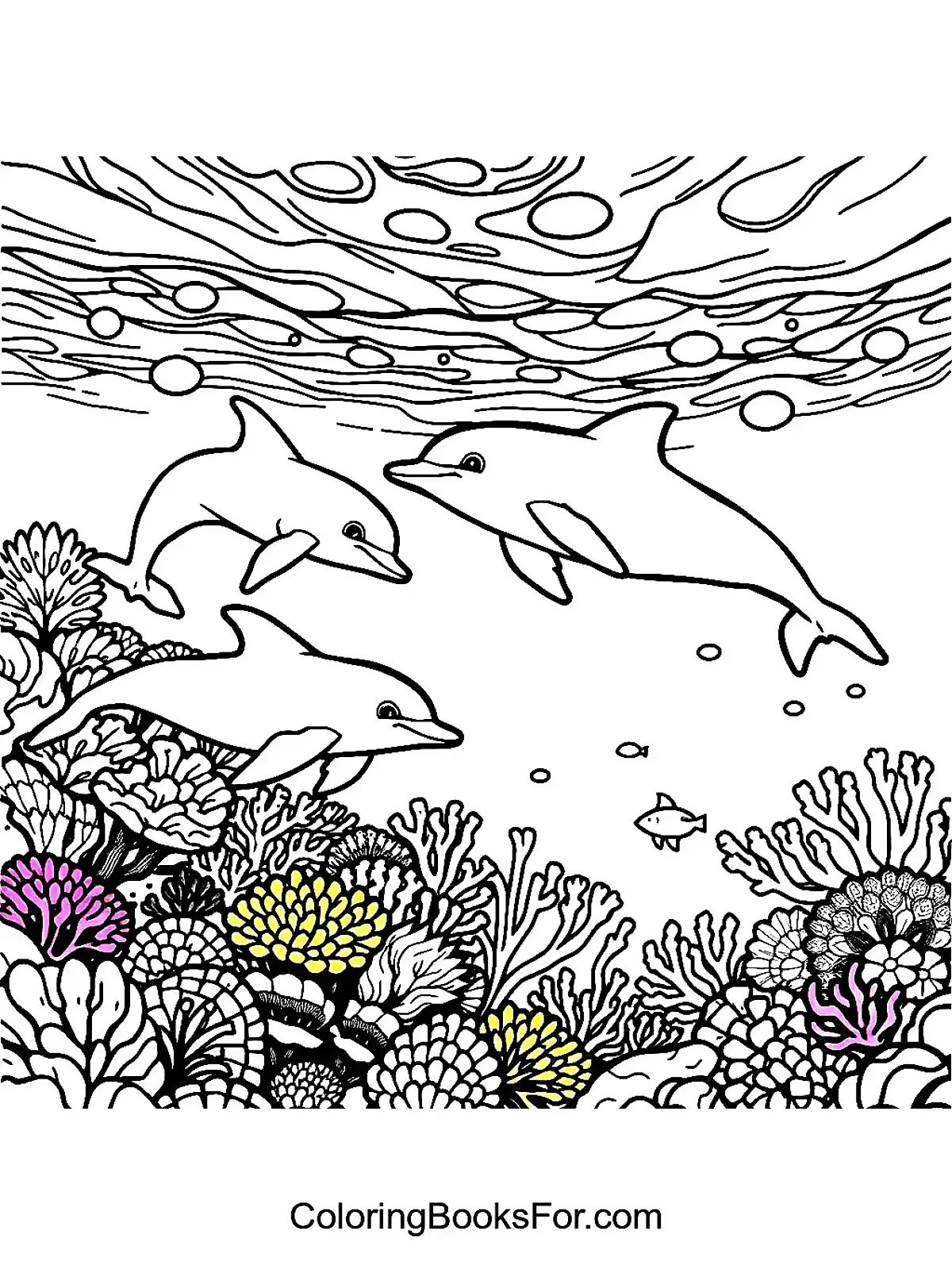 Ocean Scene with Dolphins and Coral Reef Coloring Page - A vibrant underwater scene featuring playful dolphins swimming near a colorful coral reef.