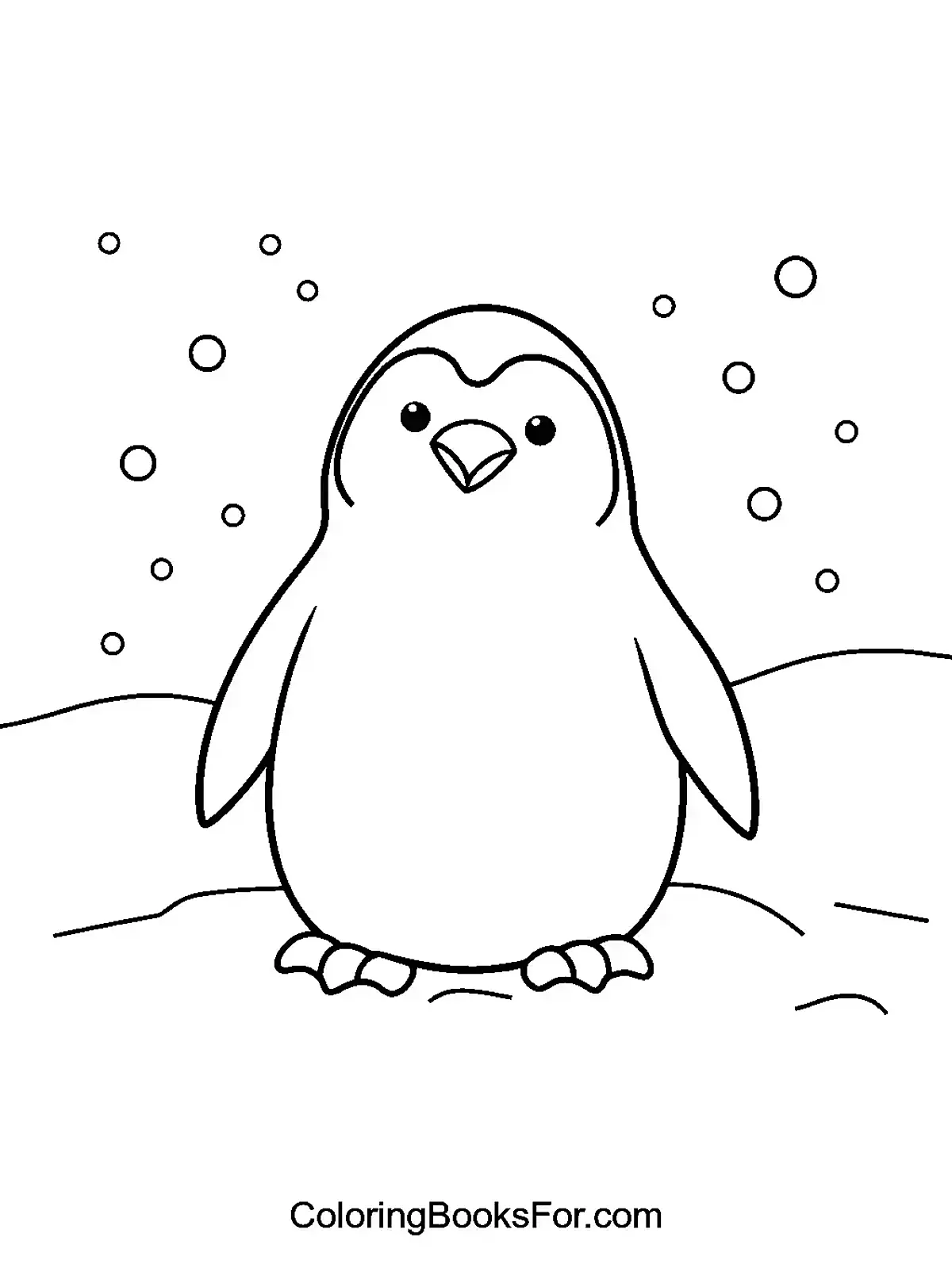 Adorable Penguin in the Snow Coloring Page - A cute penguin standing on the snow, with snowflakes falling around it.