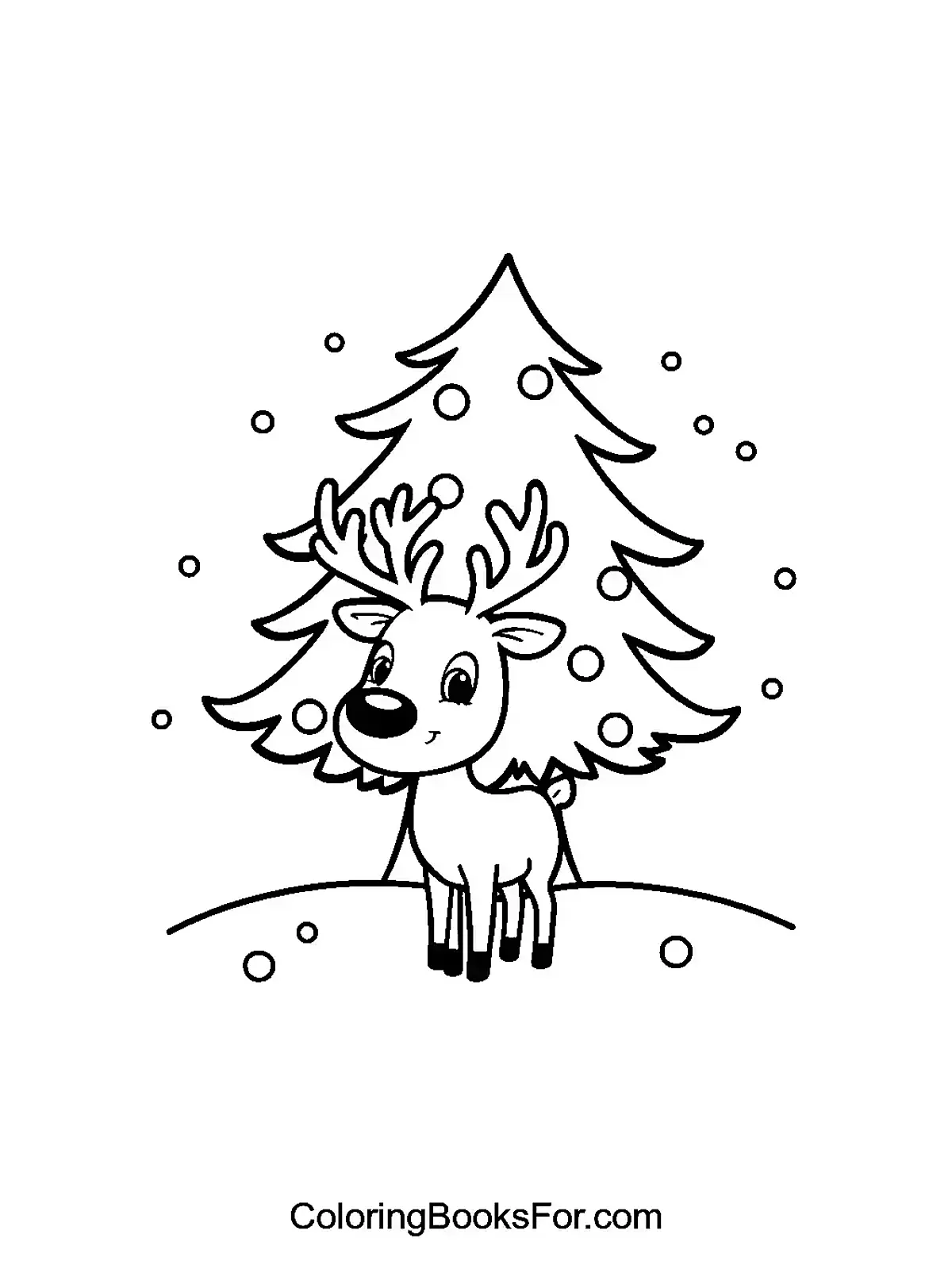 Reindeer by the Christmas Tree Coloring Page - A cute reindeer standing in the snow next to a decorated Christmas tree.