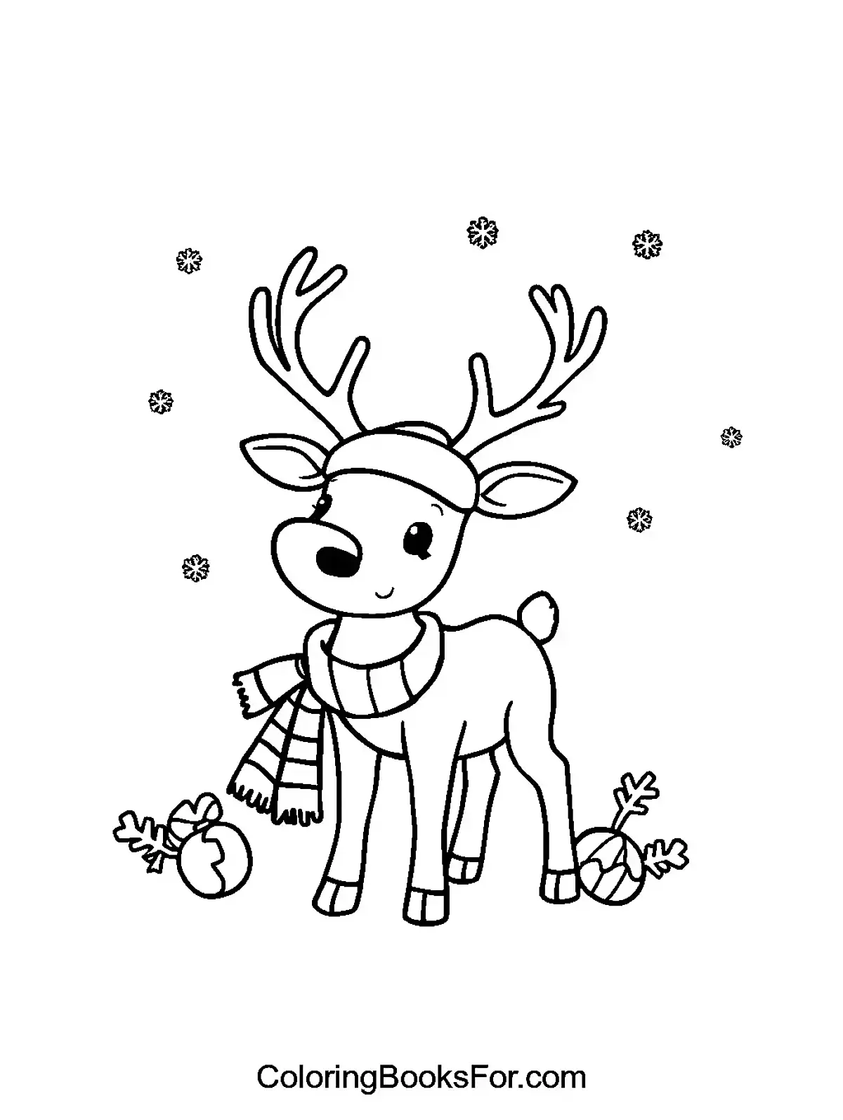 Cozy Reindeer in Winter Wonderland Coloring Page - An adorable reindeer wearing a hat and scarf, standing in the snow with winter decorations.