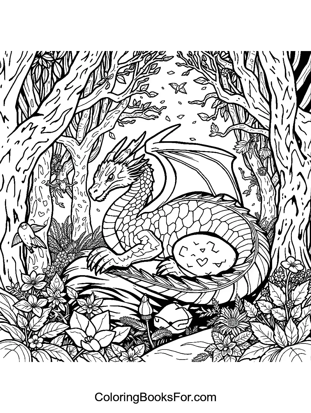 Serene Dragon in a Mystical Forest Coloring Page - A majestic dragon resting peacefully in a mystical forest, surrounded by glowing flora and fauna.