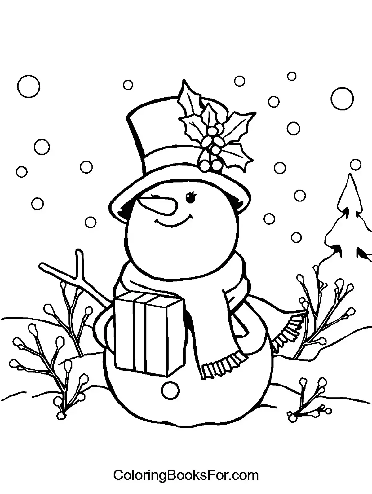 Winking Snowman with a Gift Coloring Page - A cheerful snowman winking, wearing a top hat and scarf, holding a gift, in a snowy scene.