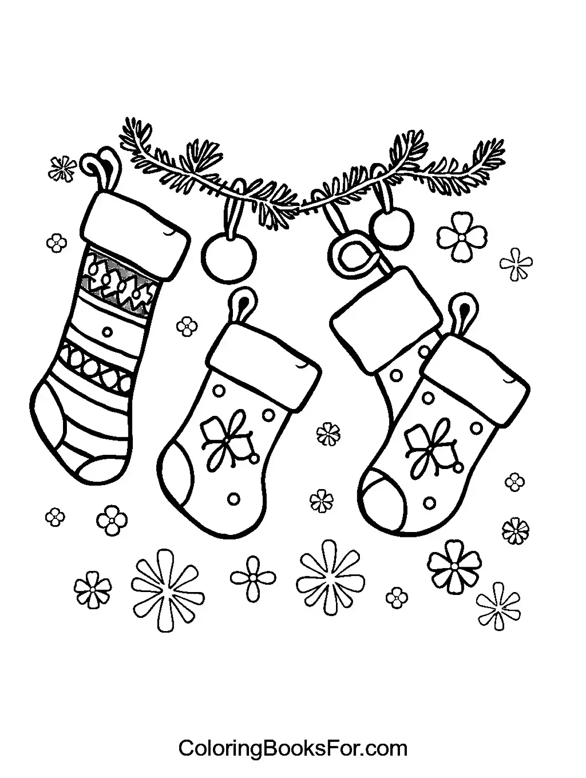 Christmas Stockings Hanging on Garland Coloring Page - Three Christmas stockings hanging from a garland with ornaments and flowers.