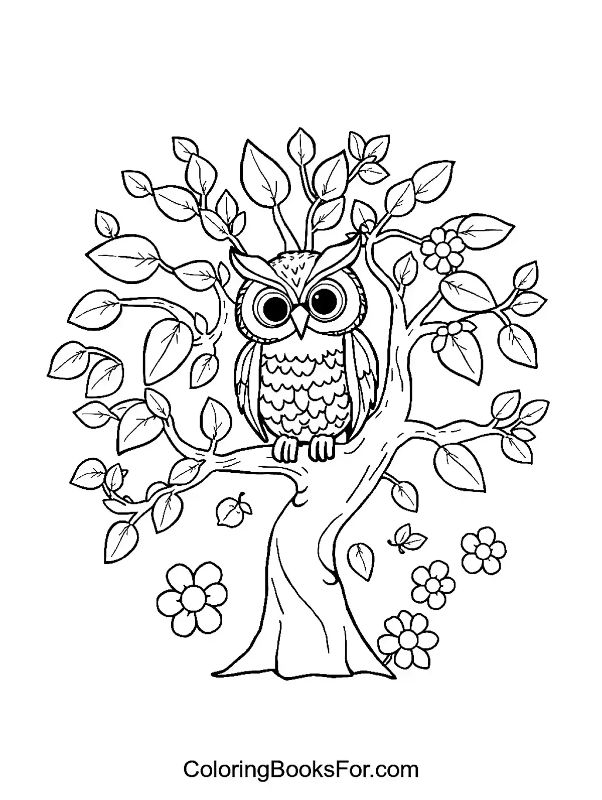 Whimsical Owl in a Tree Coloring Page - A cute owl perched on a branch of a whimsical tree, surrounded by leaves and flowers.